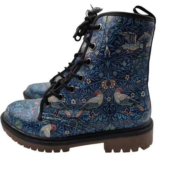 Harlow & Lloyd Combat Boots Womens 8 Blue Bird Print Lug Sole - Picture 1 of 11